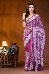 Plum floral design handcrafted silk kantha work saree woman wears vibrant purple white 6