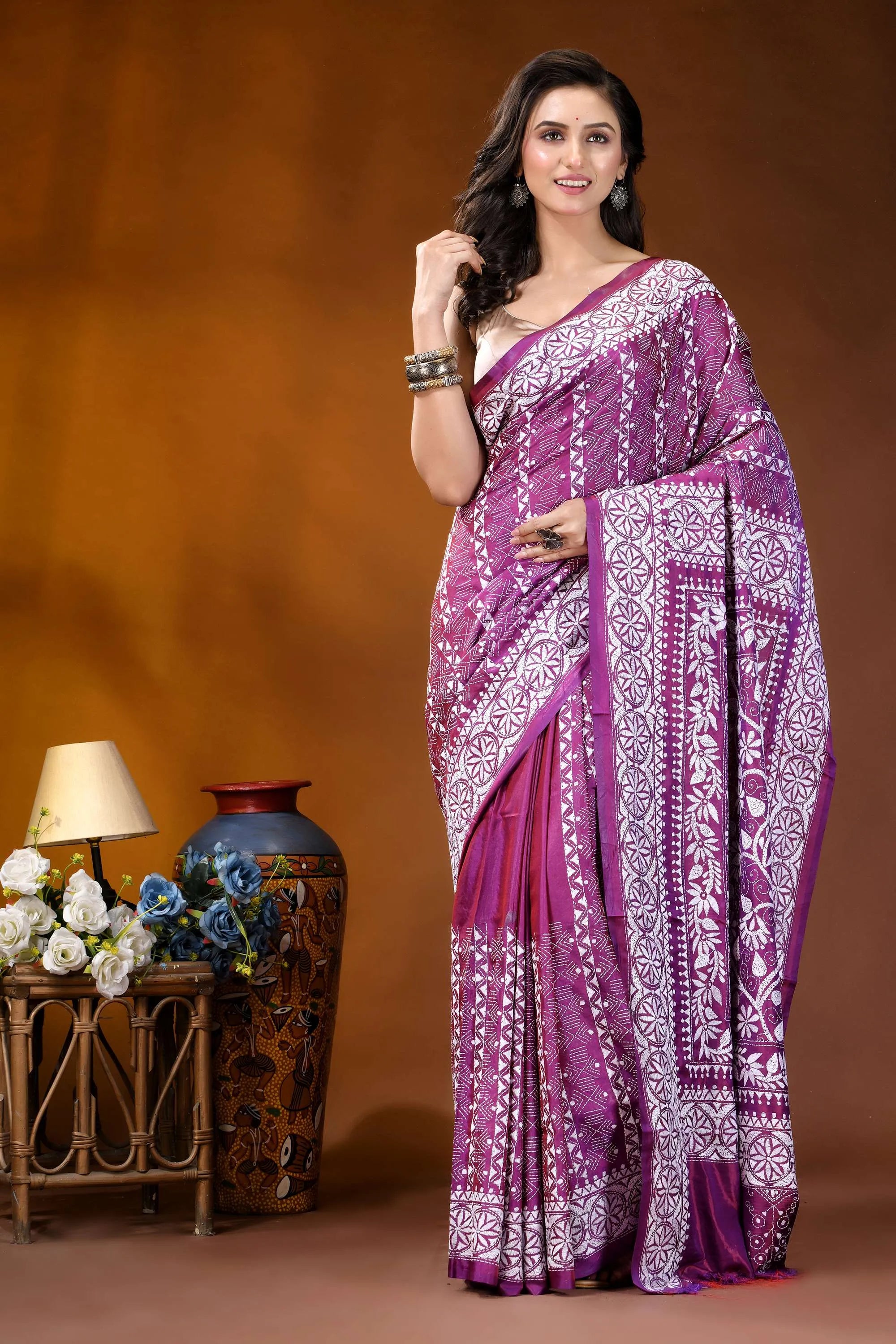 Plum floral design handcrafted silk kantha work saree woman wears vibrant purple white 6