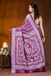 Plum floral design handcrafted silk kantha work saree woman wears vibrant purple white 5