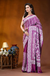 Plum floral design handcrafted silk kantha work saree woman wears vibrant purple white 3