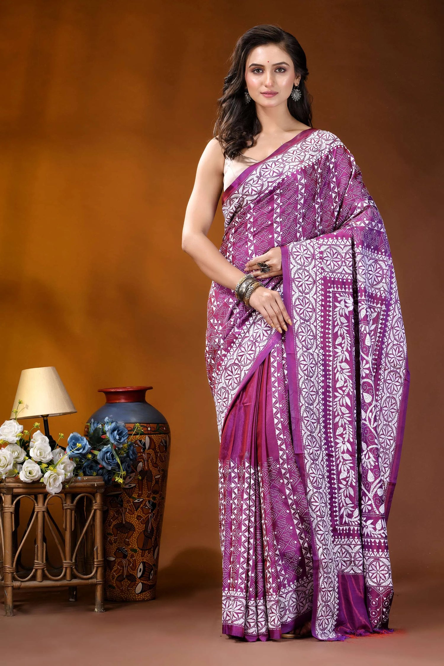 Plum floral design handcrafted silk kantha work saree woman wears vibrant purple white 1