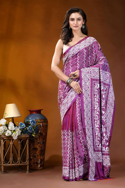 Plum floral design handcrafted silk kantha work saree woman wears vibrant purple white 1