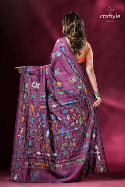 Plum lotus motif multithread silk kantha stitch saree purple embroidered saree 6