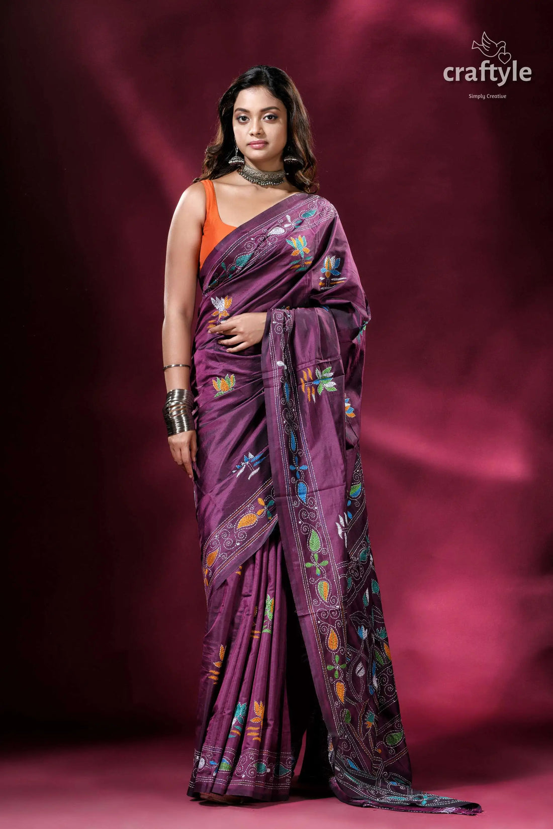 Plum lotus motif multithread silk kantha stitch saree elegant purple saree colorful embroidery 1