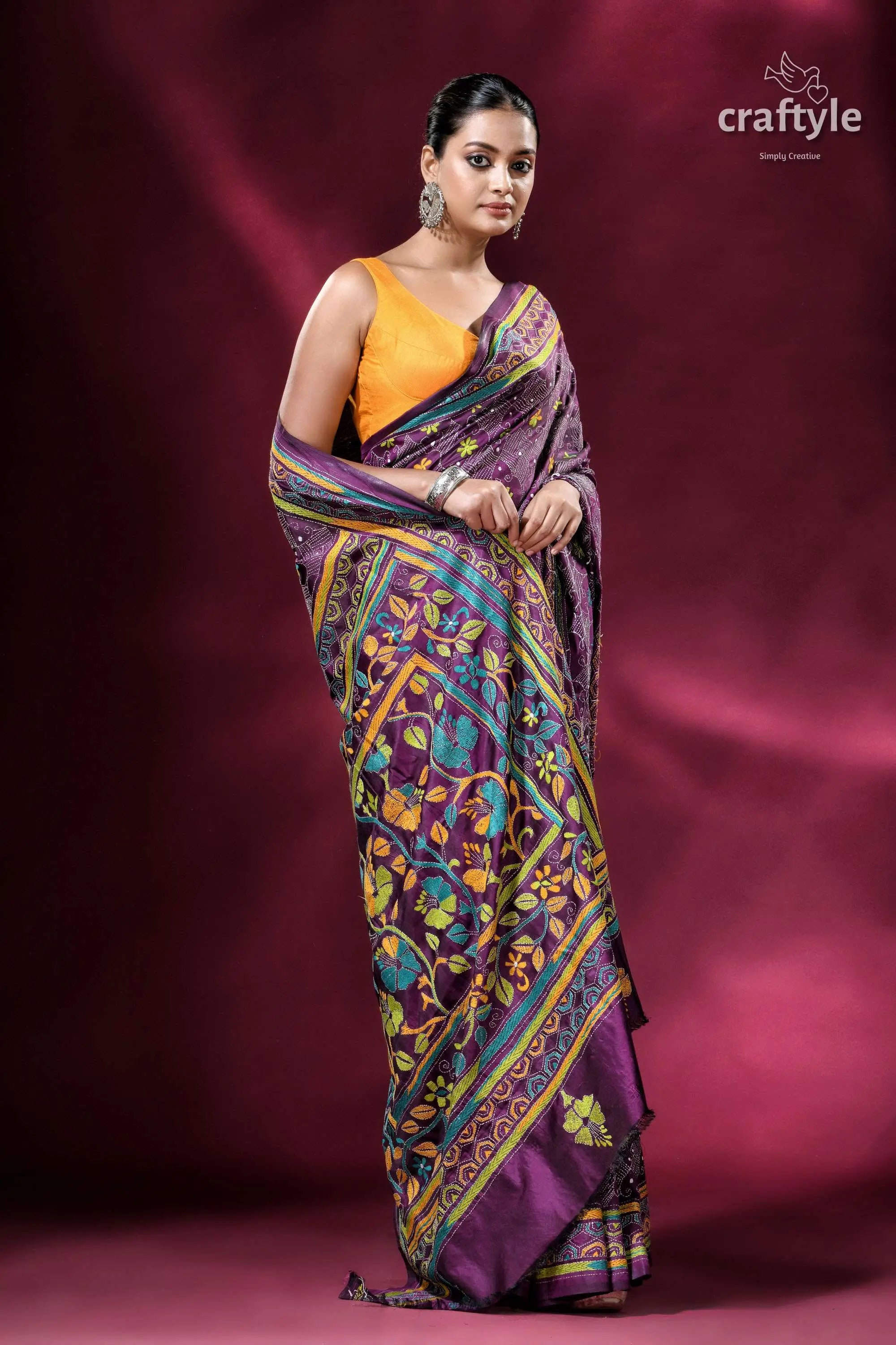 Plum purple blended bangalore silk kantha embroidery saree woman purple floral saree 4