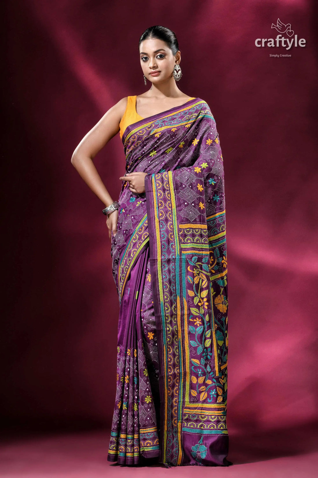 Plum purple blended bangalore silk kantha embroidery saree purple floral embroidered saree 1