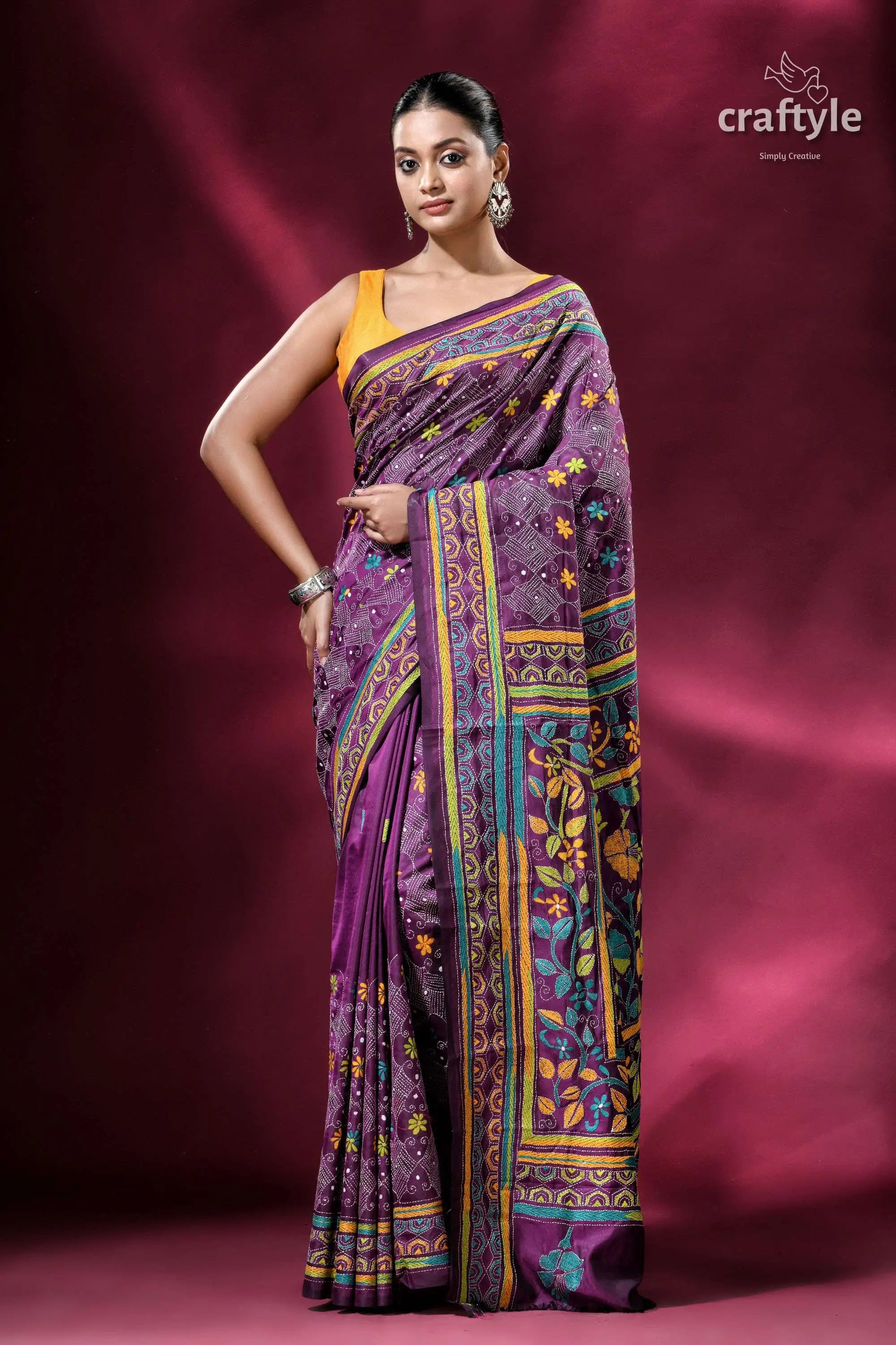 Plum purple blended bangalore silk kantha embroidery saree purple floral embroidered saree 1