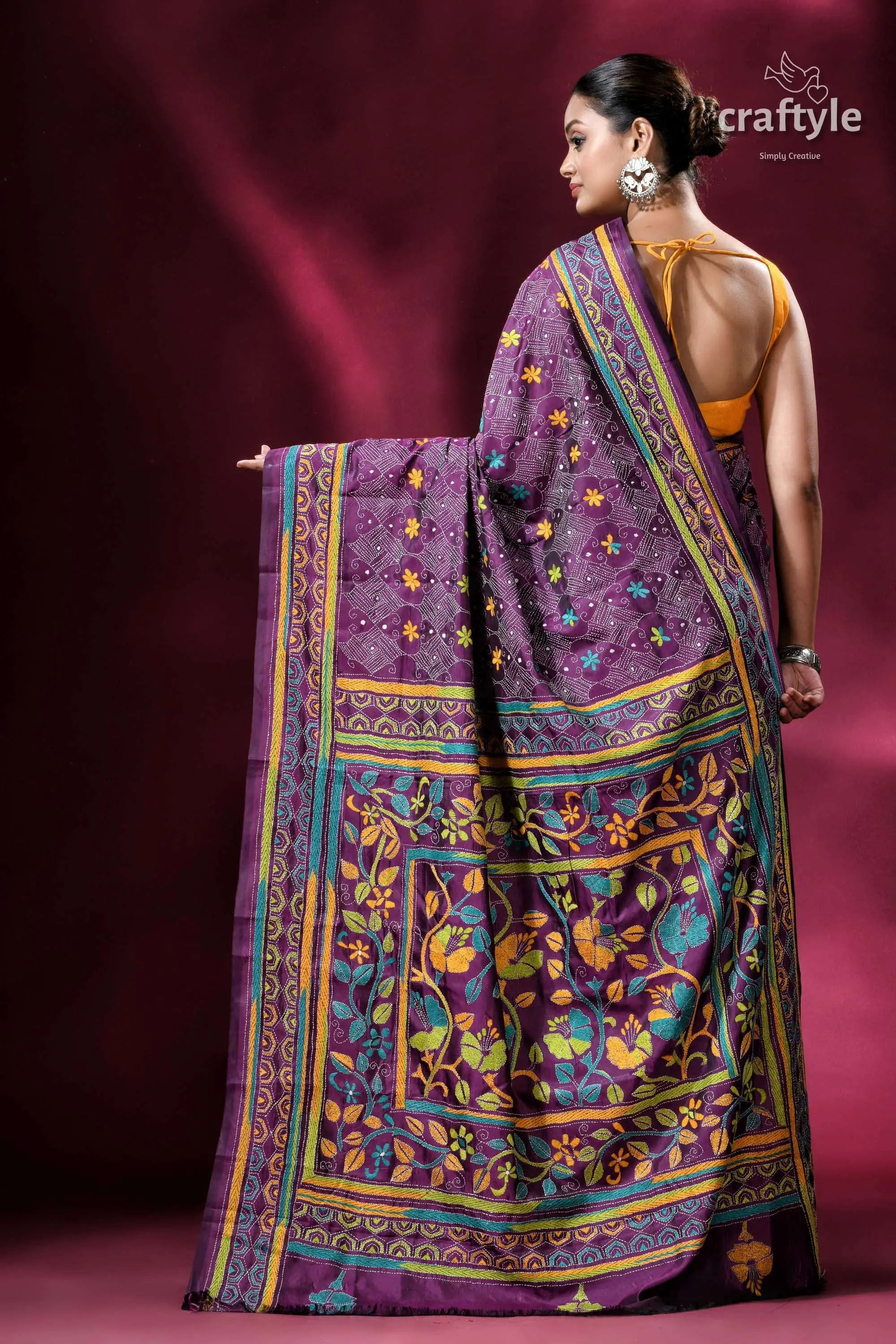 Plum purple blended bangalore silk kantha embroidery saree purple floral patterned saree 5