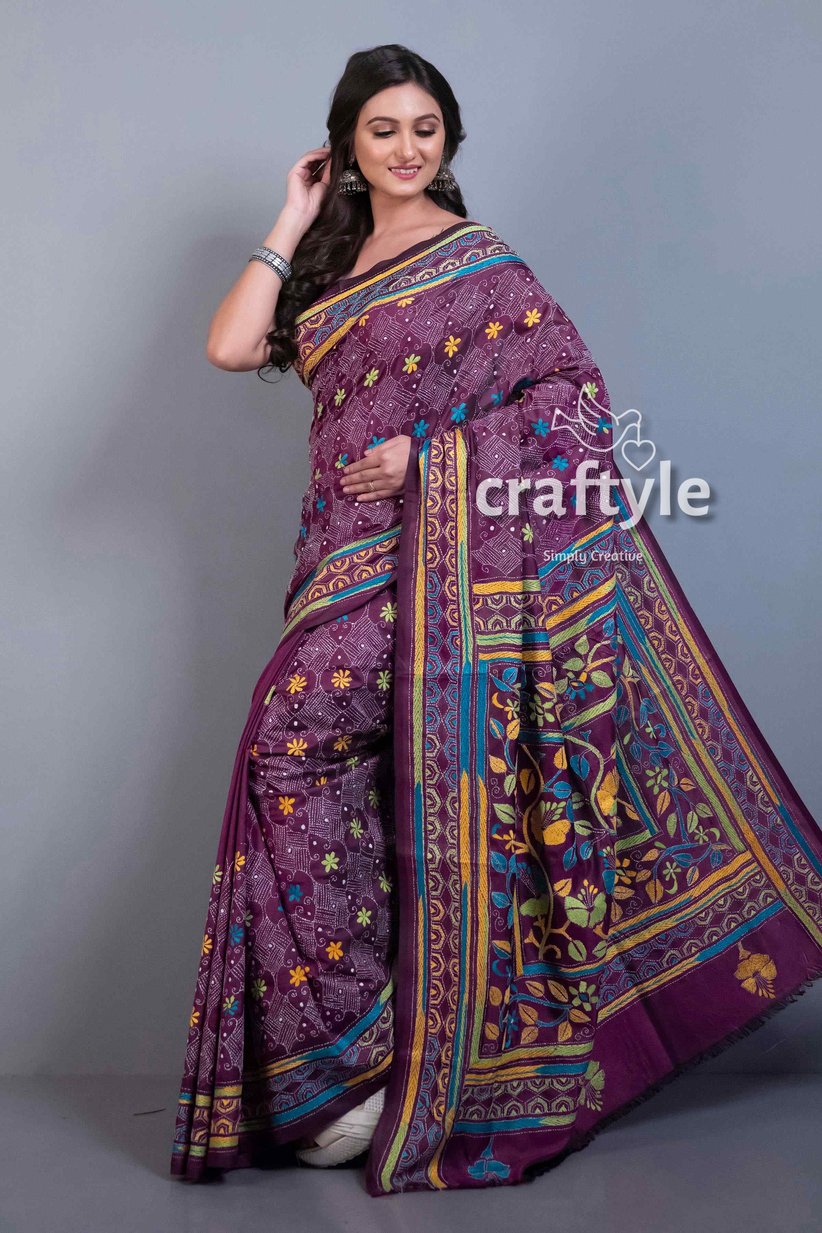Plum Purple Blended Bangalore Silk Kantha Embroidery Saree-Craftyle