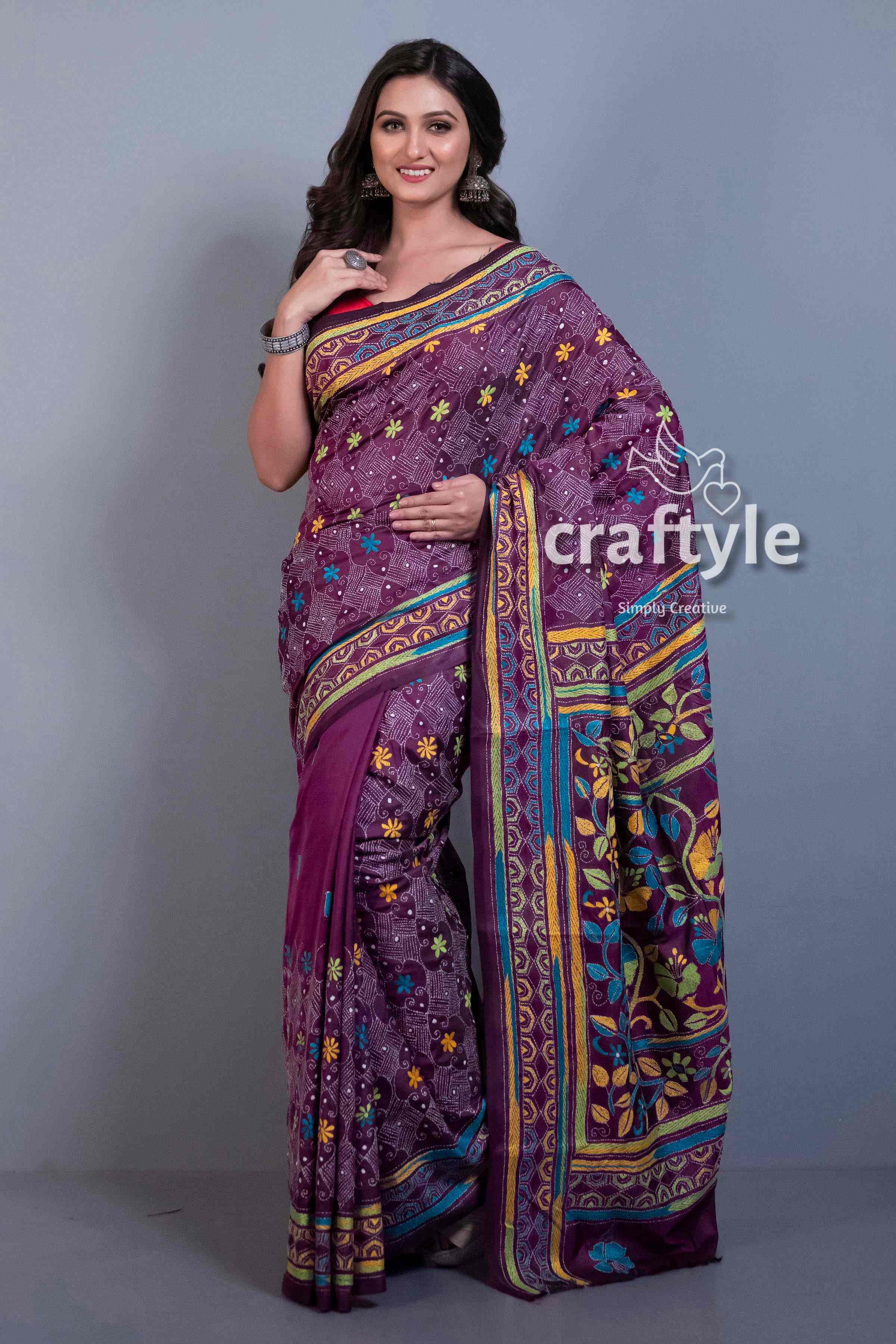 Plum Purple Blended Bangalore Silk Kantha Embroidery Saree-Craftyle