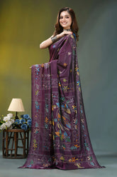 Plum purple floral motif silk kantha embroidery saree rich purple silk saree adorned 3