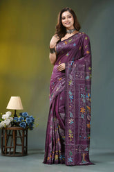 Plum purple floral motif silk kantha embroidery saree rich purple silk saree adorned 6