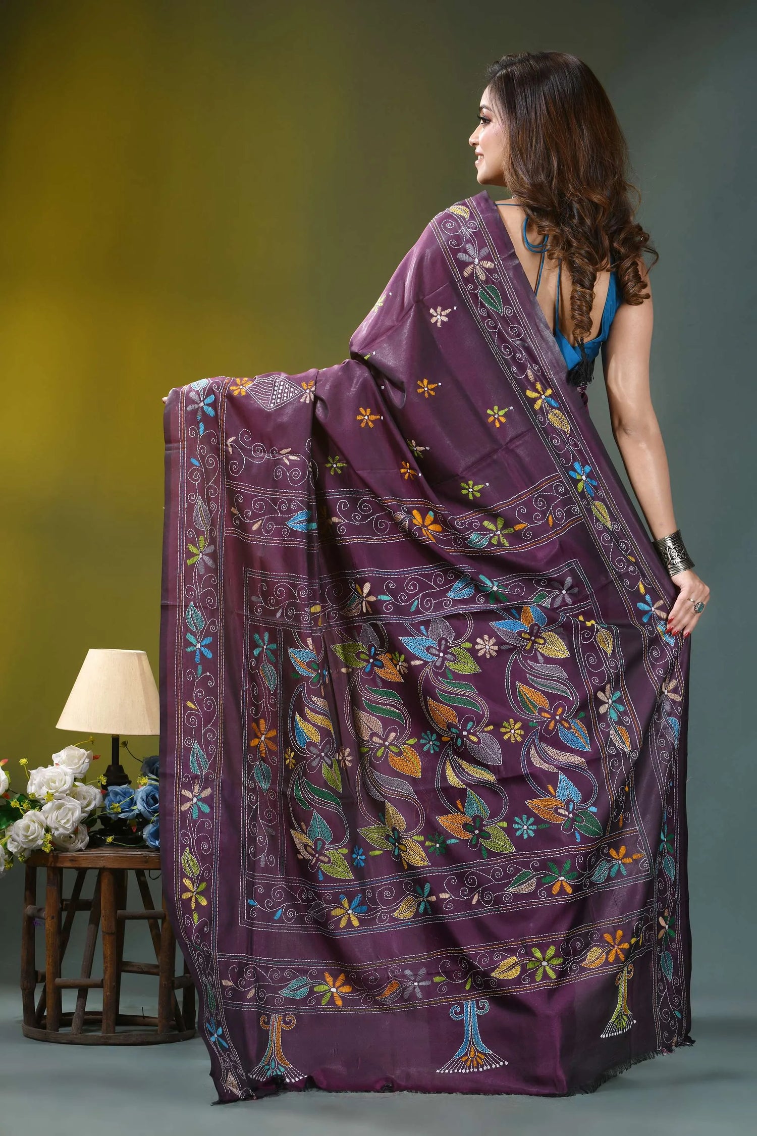 Plum purple floral motif silk kantha embroidery saree purple silk saree intricate floral 4