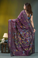 Plum purple floral motif silk kantha embroidery saree purple silk saree intricate floral 4