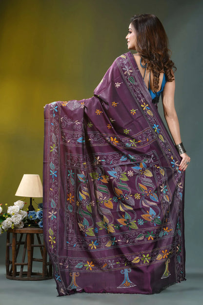 Plum purple floral motif silk kantha embroidery saree purple silk saree intricate floral 4