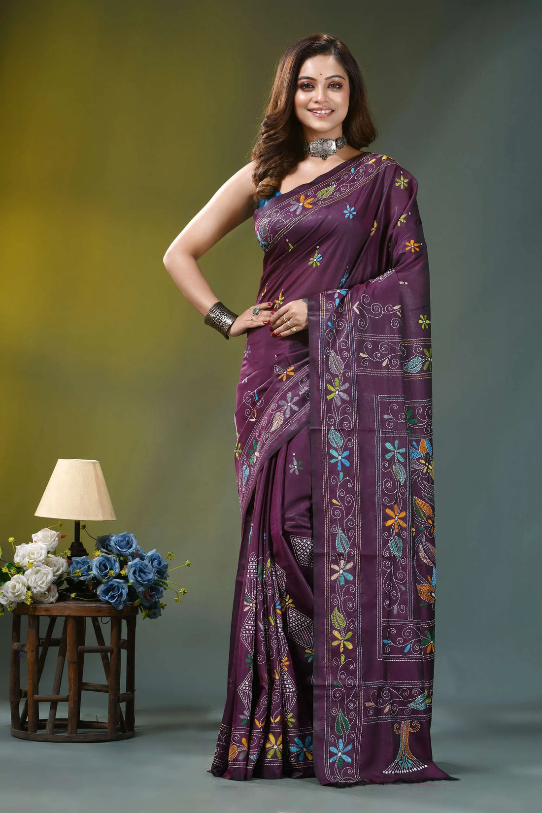 Plum purple floral motif silk kantha embroidery saree rich purple saree adorned intricate 1