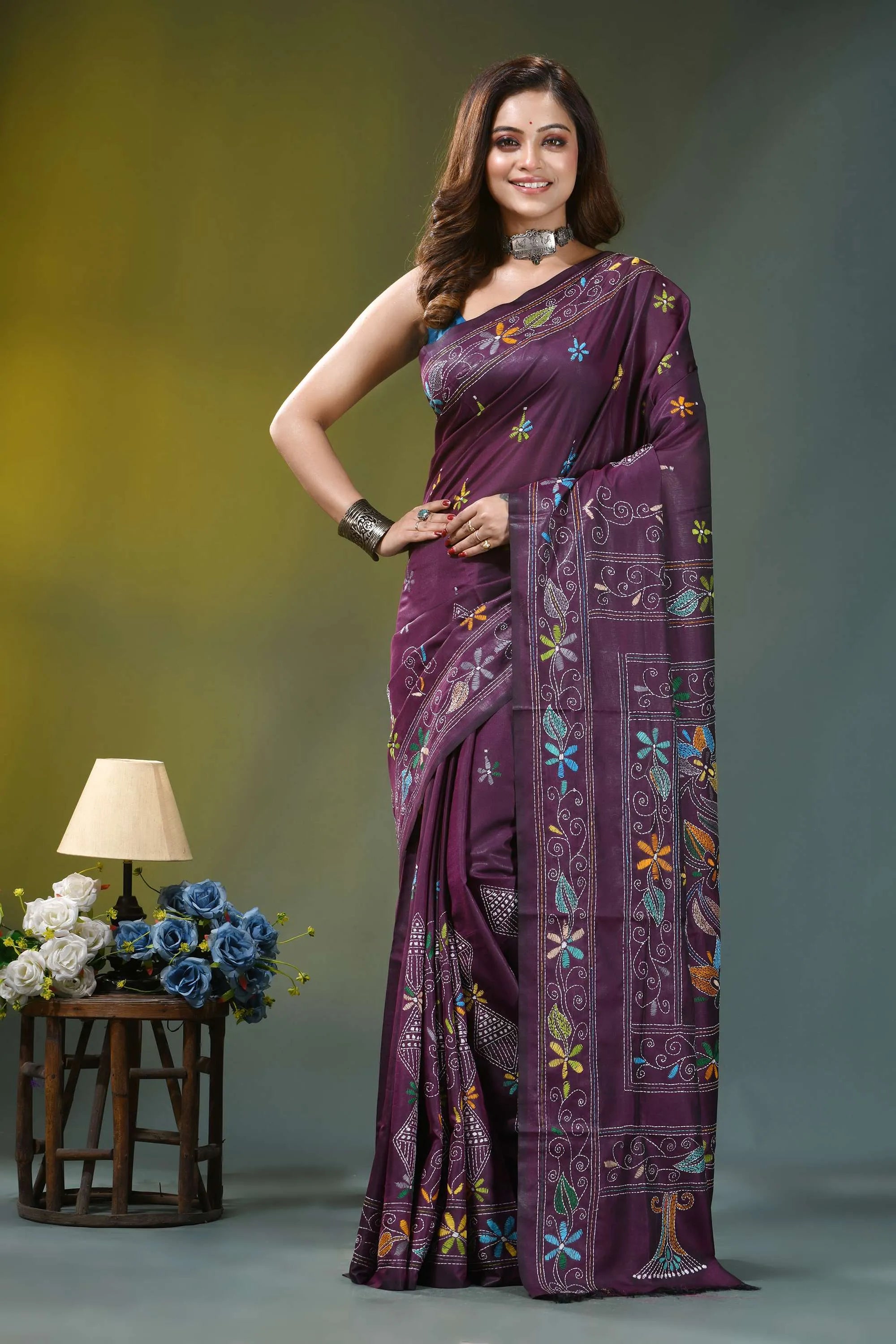Plum purple floral motif silk kantha embroidery saree rich purple saree adorned intricate 1