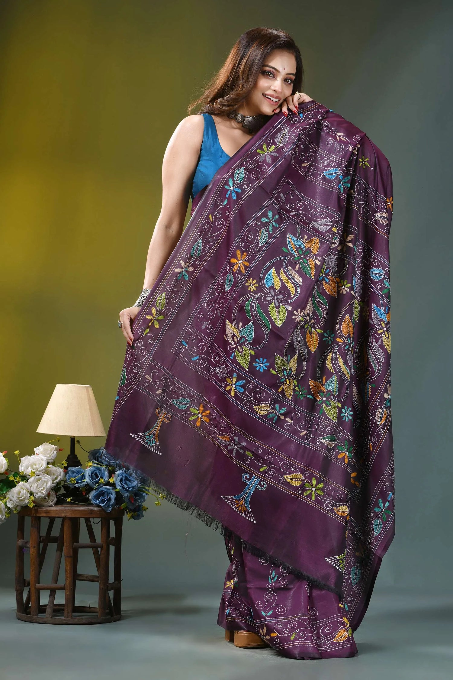Plum purple floral motif silk kantha embroidery saree richly embroidered purple saree intricate 5