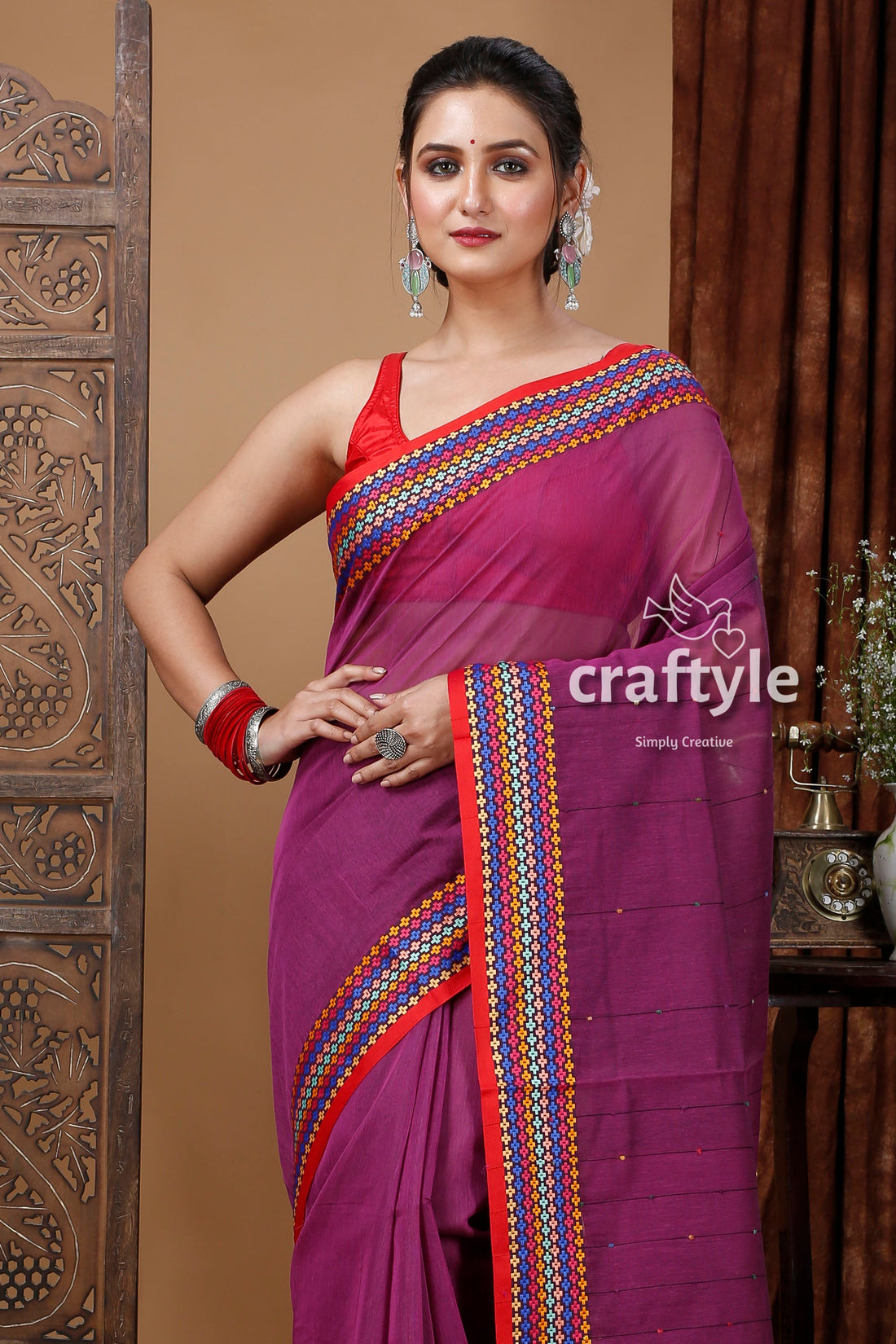 Plum Purple Handloom Cotton Saree with Woven Border - Elegant and Trendy-Craftyle