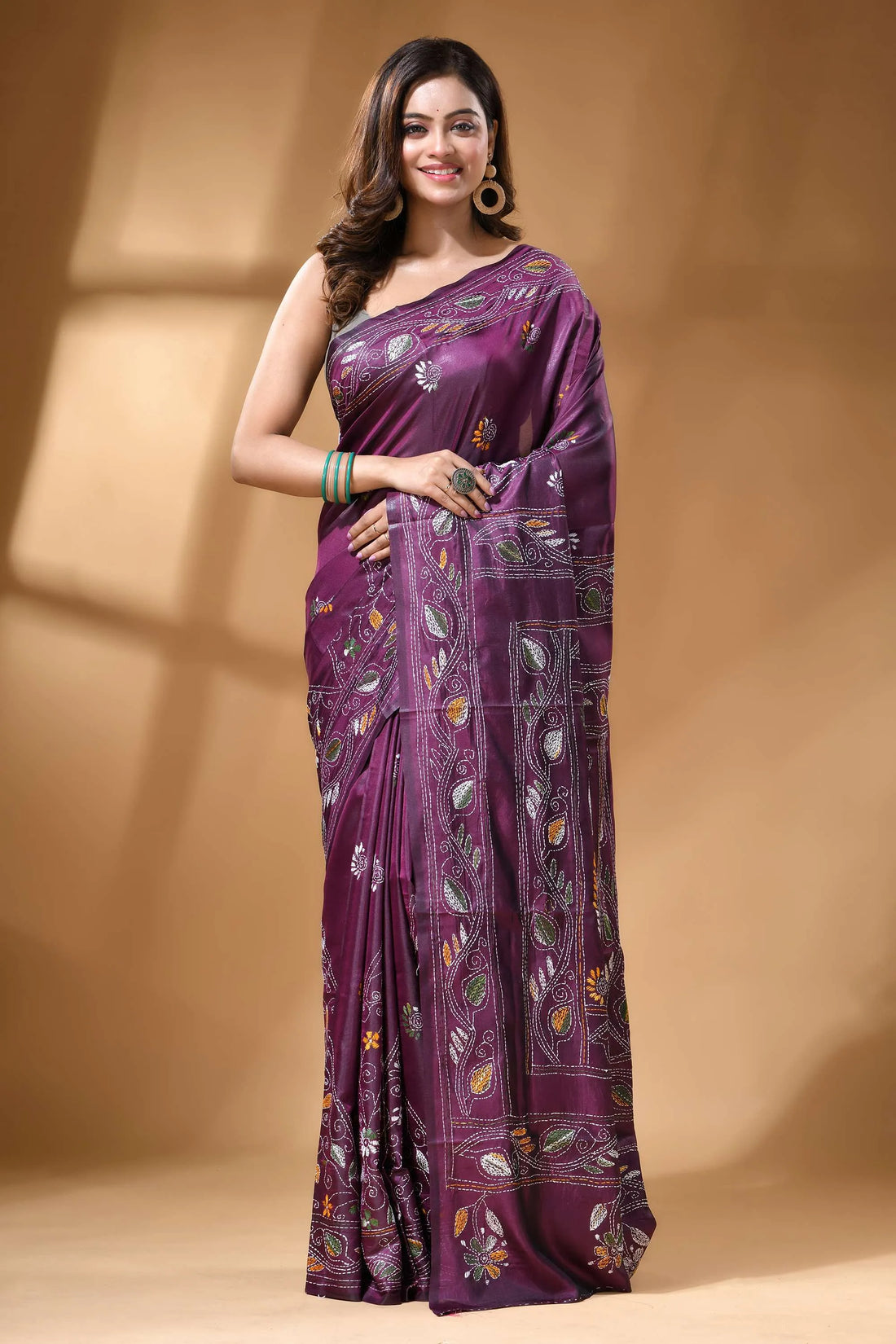 Plum purple multicolor ethnic hand kantha work silk saree rich purple silk saree adorned 1