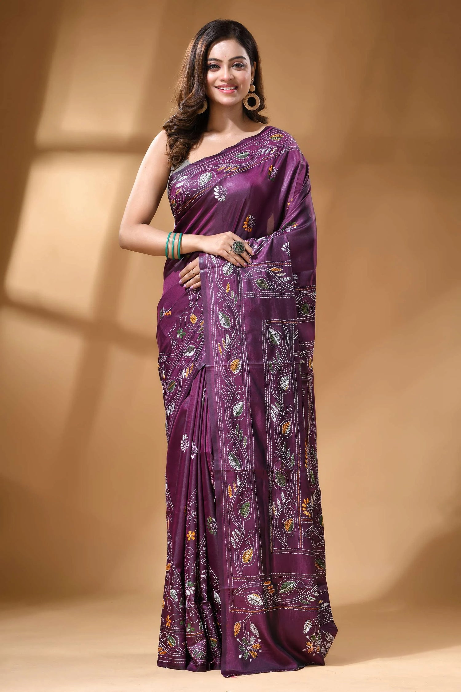 Plum purple multicolor ethnic hand kantha work silk saree rich purple silk saree adorned 1