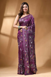 Plum purple multicolor ethnic hand kantha work silk saree rich purple silk saree adorned 1