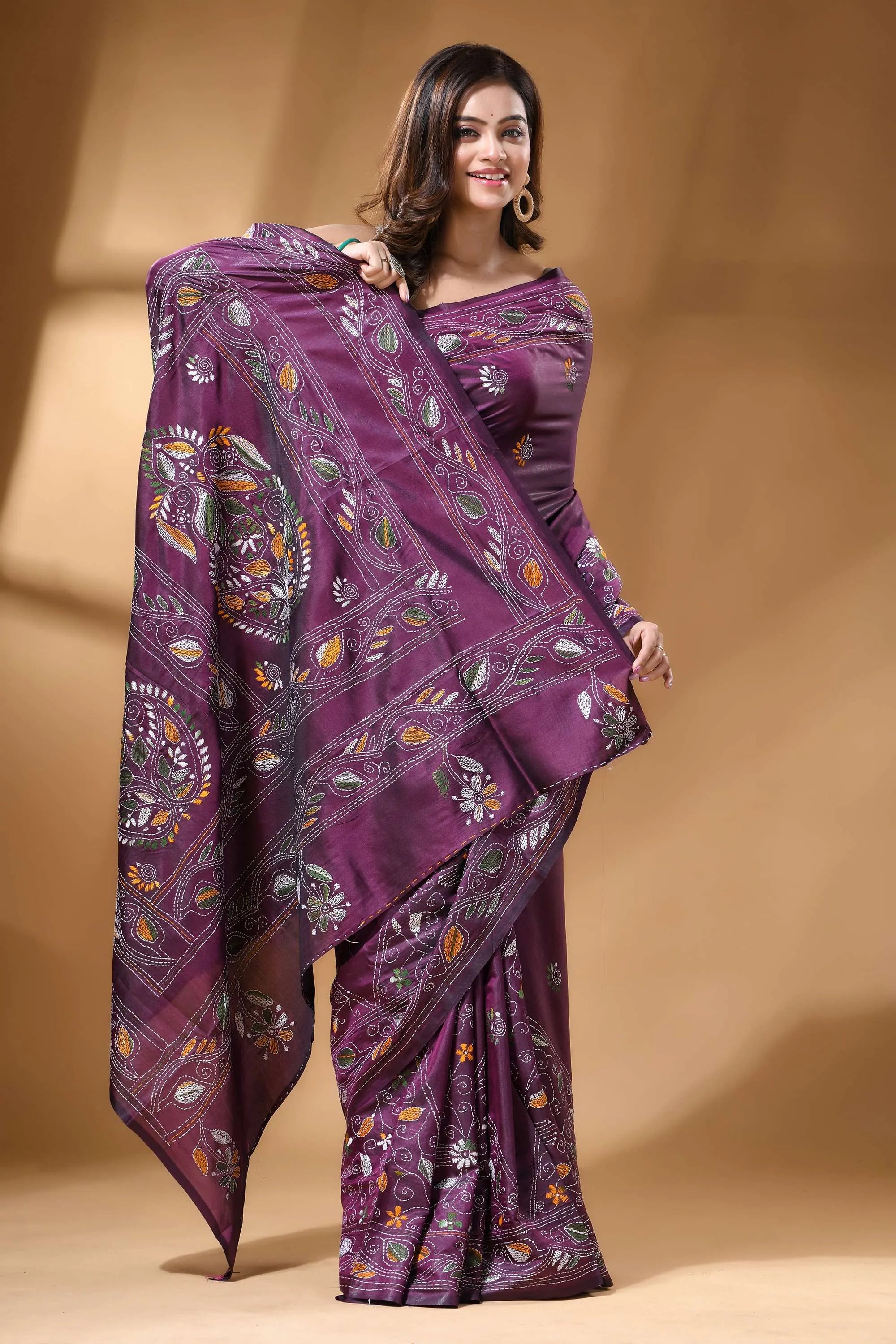 Plum purple multicolor ethnic hand kantha work silk saree rich purple saree intricate floral 4
