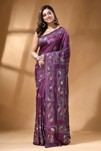 Plum purple multicolor ethnic hand kantha work silk saree rich purple silk saree adorned 7