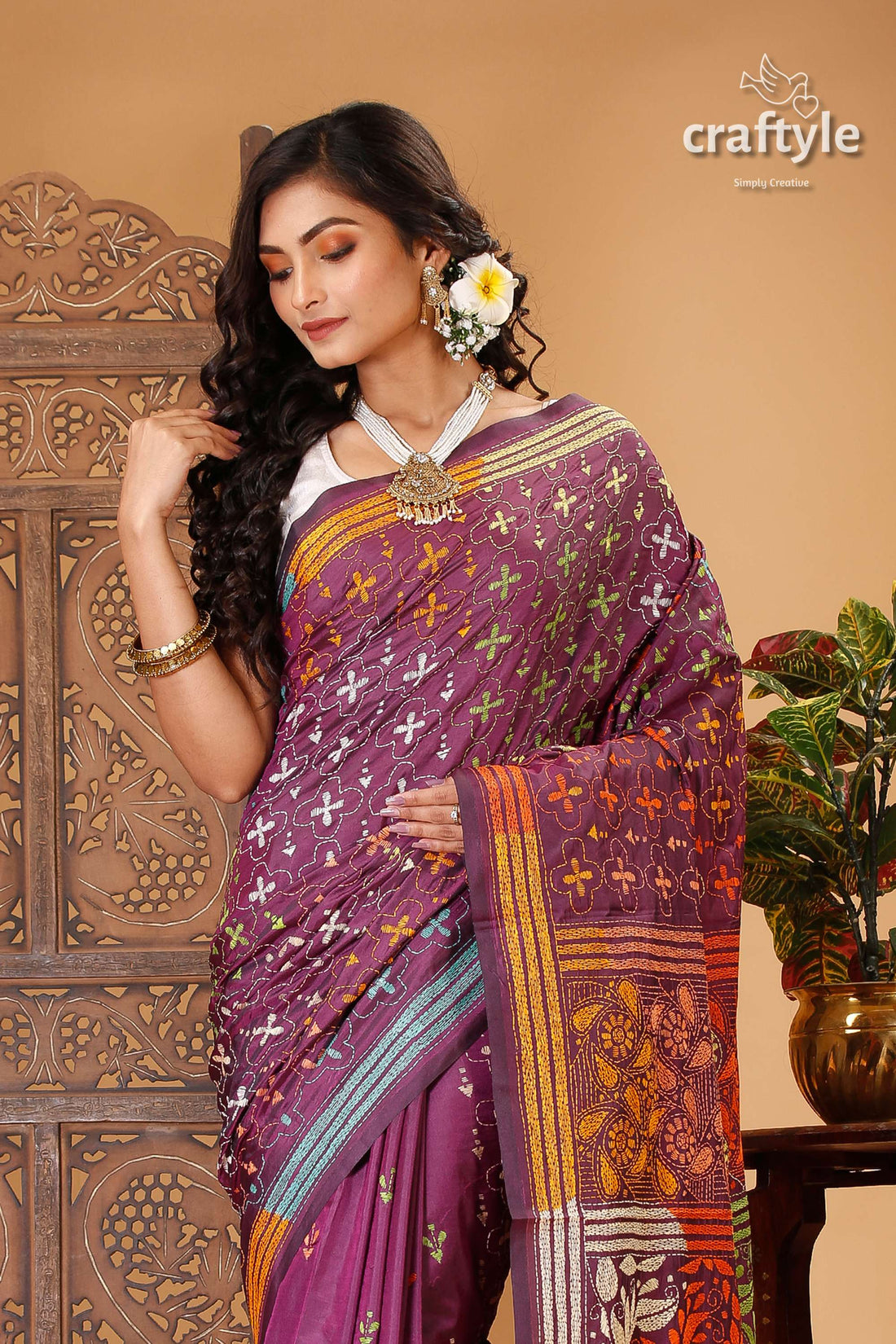 Plum Purple Multicolor Thread Kantha Stitched Silk Saree - Craftyle