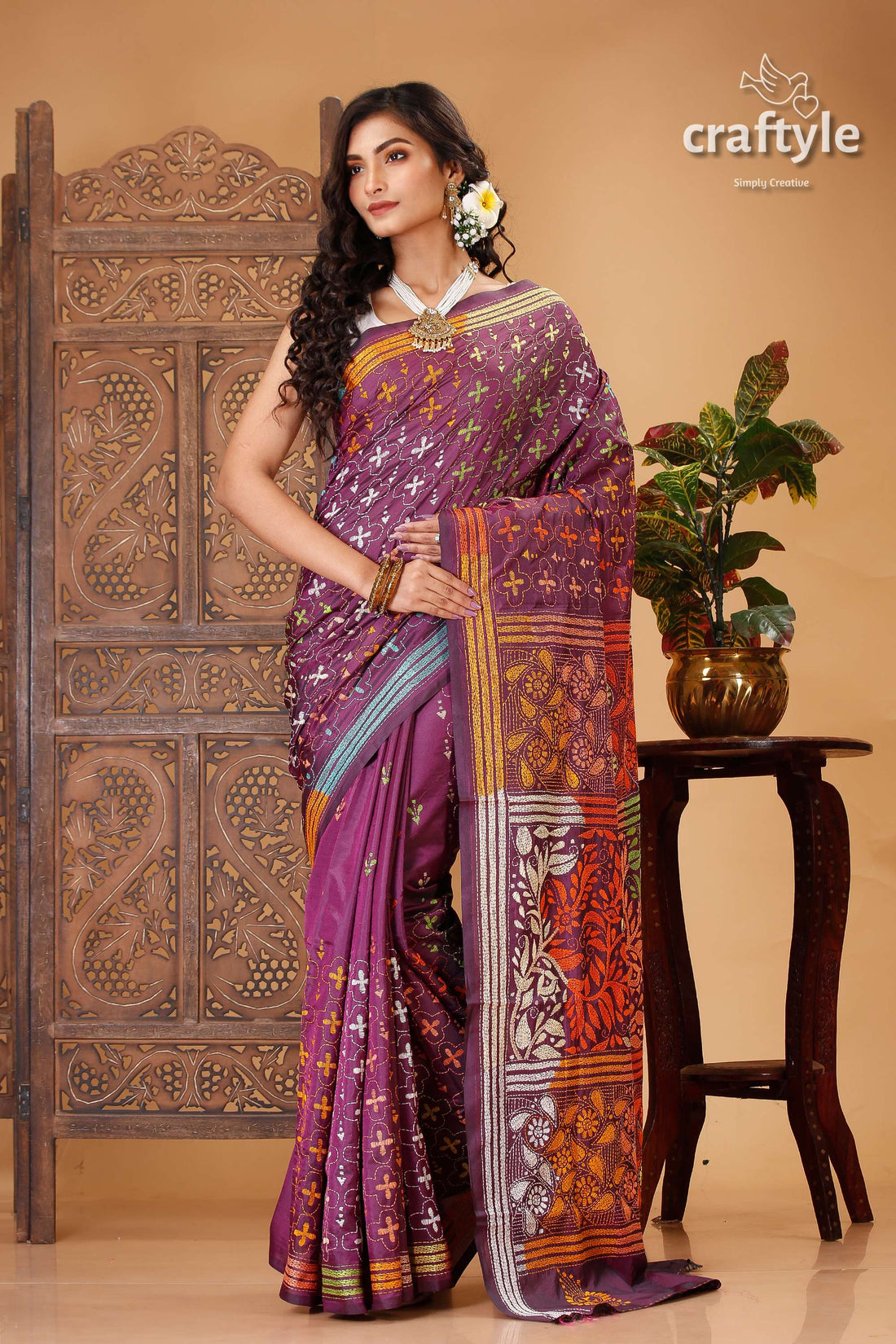 Plum Purple Multicolor Thread Kantha Stitched Silk Saree - Craftyle