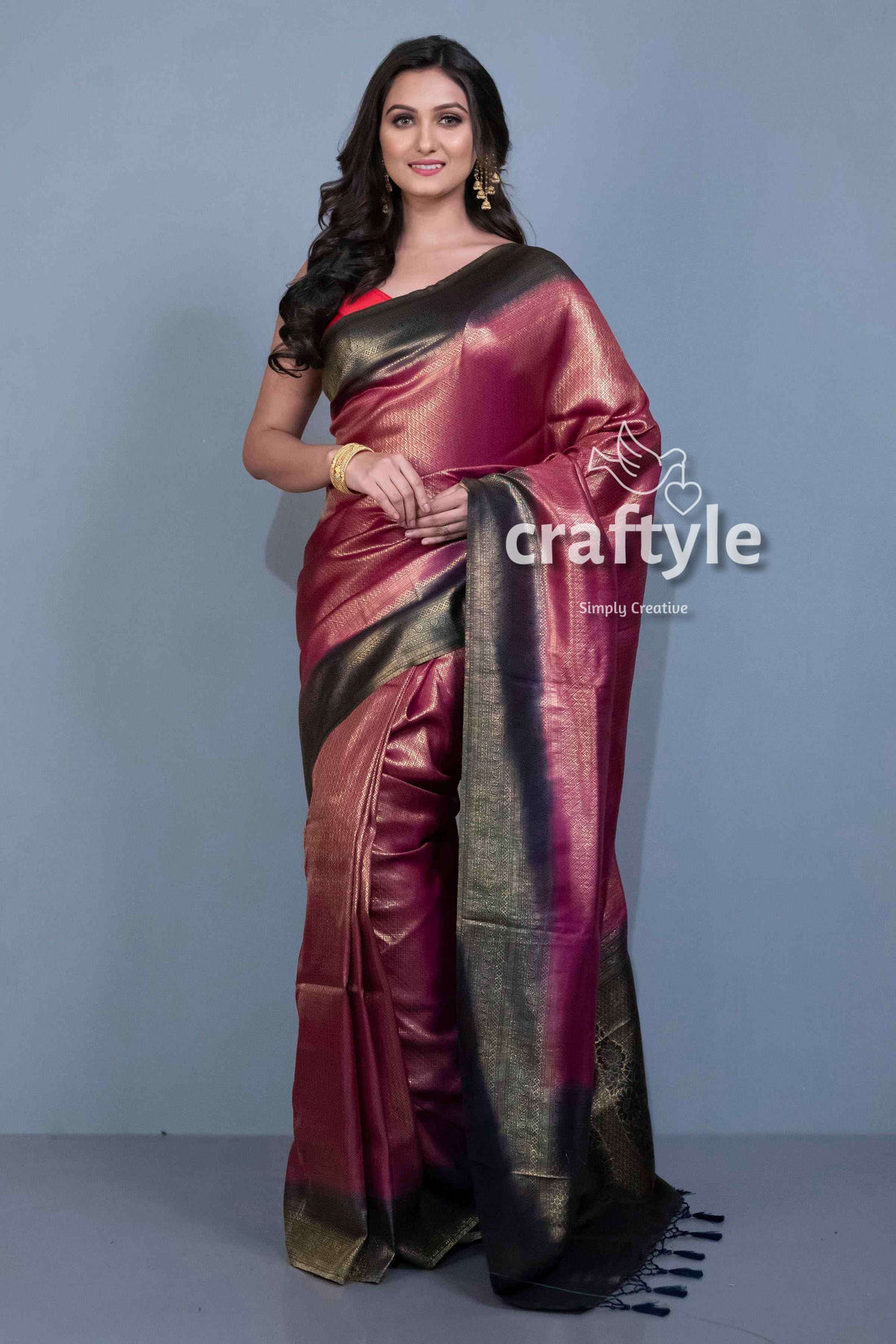 Plum Purple Semi Silk Brocade Kanjivaram Saree for Women - Craftyle