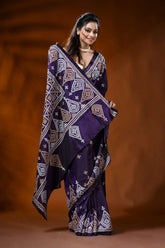 Plum purple silk kutch embroidery saree with paisley ethnic motifs 4