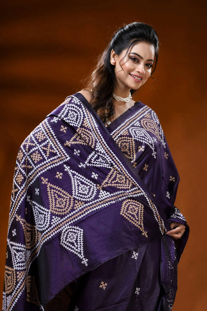 Plum purple silk kutch embroidery saree with paisley ethnic motifs 2