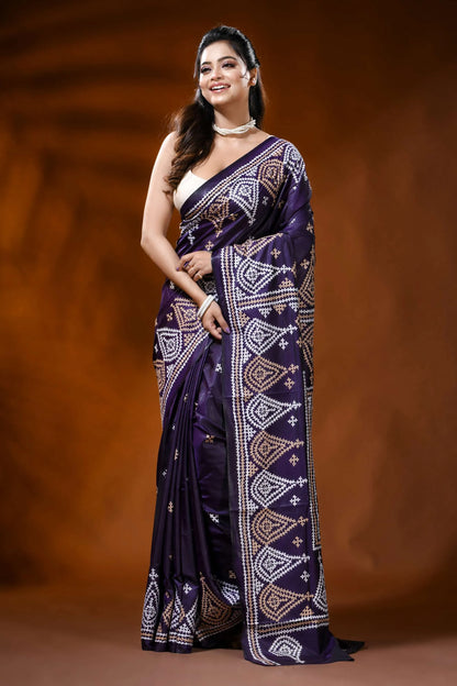 Plum purple silk kutch embroidery saree with paisley ethnic motifs 6