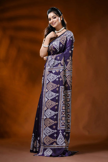 Plum purple silk kutch embroidery saree with paisley ethnic motifs 3