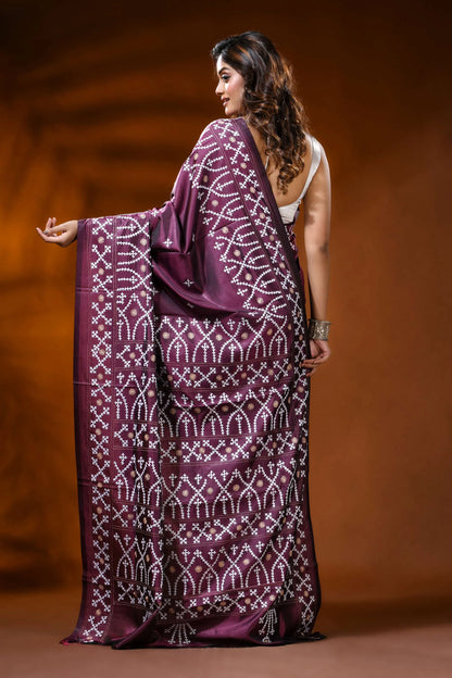 Plum silk gujarati stitch saree with hand embroidered ethnic design 5