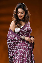 Plum silk gujarati stitch saree with hand embroidered ethnic design 2