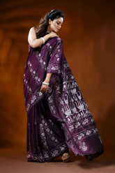 Plum silk kantha work saree with lotus floral hand embroidery 4