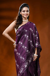 Plum silk kantha work saree with lotus floral hand embroidery 2