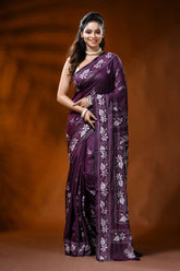 Plum silk kantha work saree with lotus floral hand embroidery 6