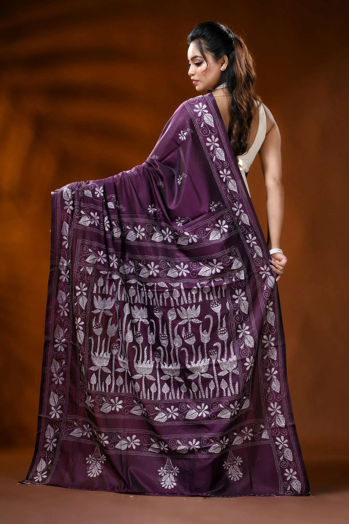 Plum silk kantha work saree with lotus floral hand embroidery 5