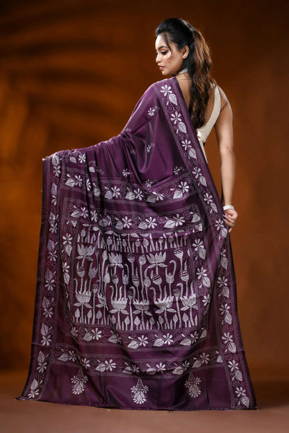 Plum silk kantha work saree with lotus floral hand embroidery 5