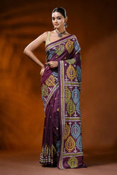 Plum wine silk gujarati stitch saree multi-thread paisley design 6