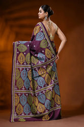 Plum wine silk gujarati stitch saree multi-thread paisley design 5