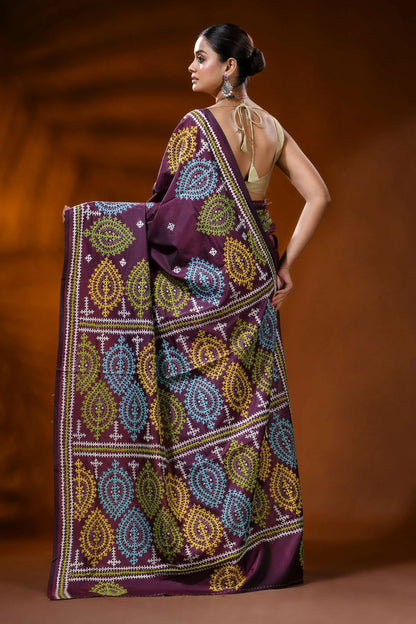 Plum wine silk gujarati stitch saree multi-thread paisley design 5