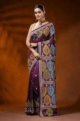 Plum wine silk gujarati stitch saree multi-thread paisley design 1