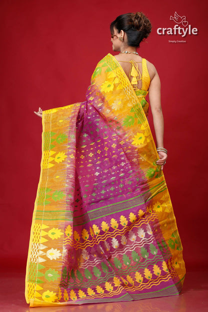 Plum Yellow Intricate Jamdani Saree-Craftyle