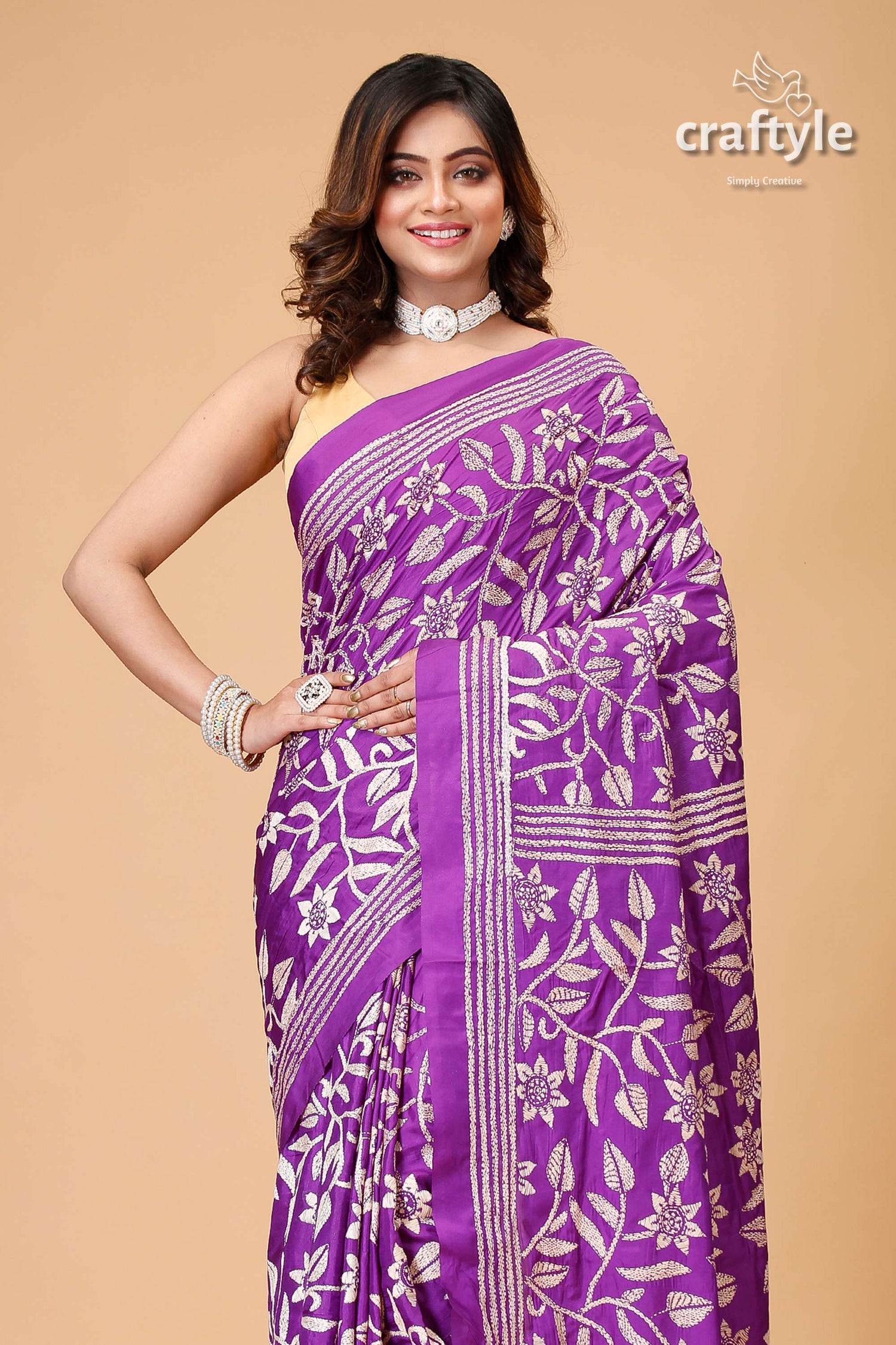 Plump Purple Floral Design Silk Kantha Stitch Saree - Craftyle