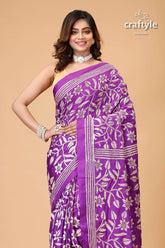 Plump Purple Floral Design Silk Kantha Stitch Saree - Craftyle