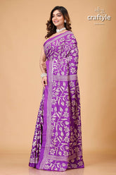 Plump Purple Floral Design Silk Kantha Stitch Saree - Craftyle